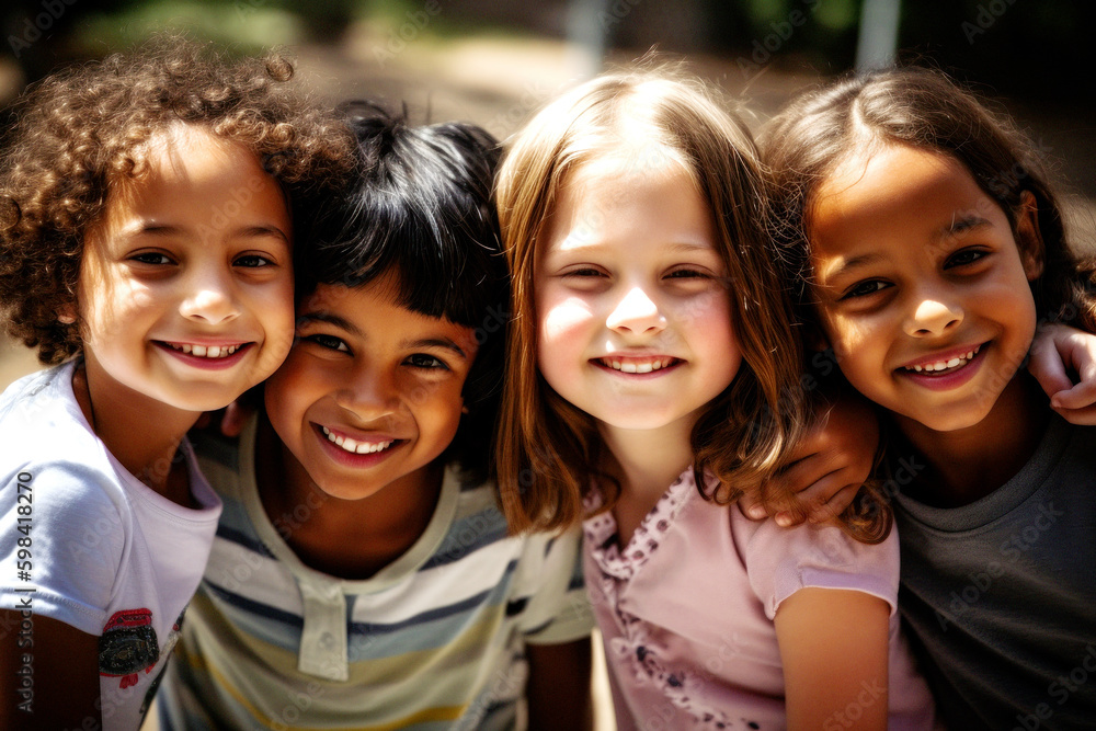 United by laughter, kids of all races come together as best friends, sharing pure joy and innocence. Embracing diversity, their smiles light up the world. Generative AI