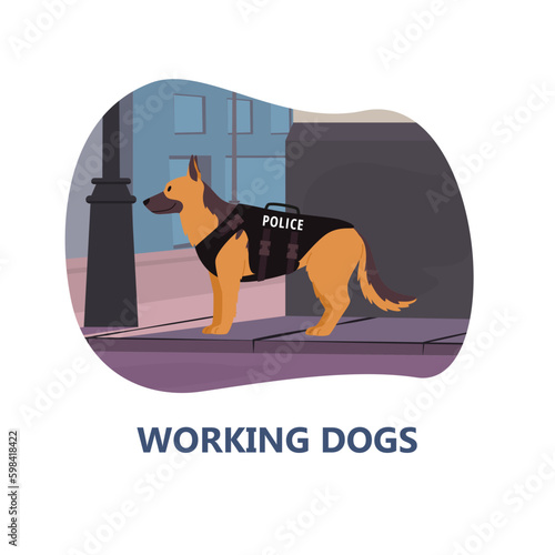 Working dogs serving and assisting people, banner vector illustration isolated.