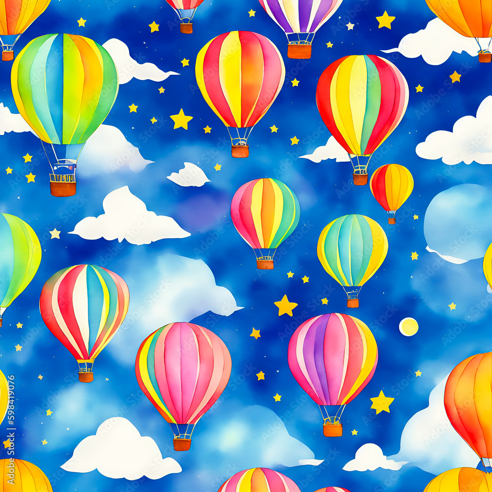 Seamless pattern of a colorful hot air balloon painted in watercolor, with moon, clouds, stars, created with generative AI Seamless pattern of a colorful hot air balloon painted in watercolor, with moon, clouds, stars, created with generative AI
