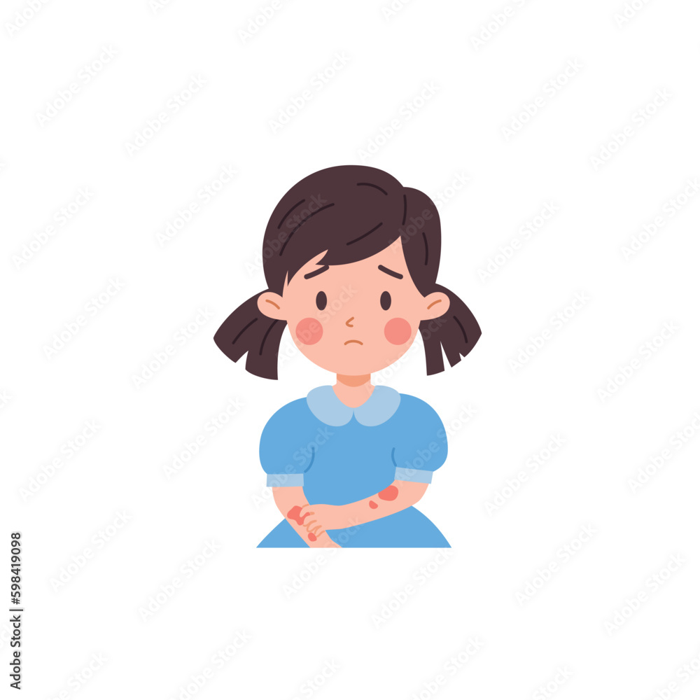 Sad kid girl with atopic dermatitis rash on hands flat style Sad kid girl with atopic dermatitis rash on hands flat style