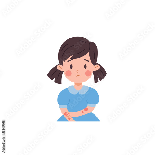 Sad kid girl with atopic dermatitis rash on hands flat style