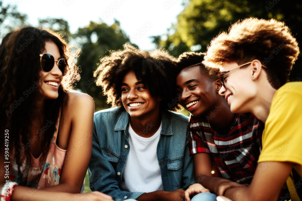 A group of diverse teenagers, full of laughter and joy, capture their carefree moment together. United as friends, they celebrate happiness beyond race. Generative AI A group of diverse teenagers, full of laughter and joy, capture their carefree moment together. United as friends, they celebrate happiness beyond race. Generative AI