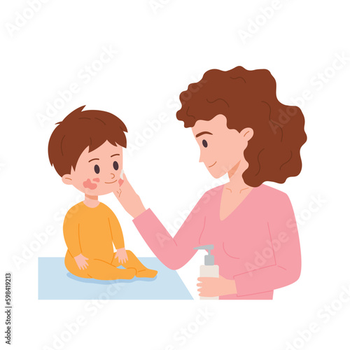 Mother finds signs of dermatitis on her baby skin, vector illustration isolated.