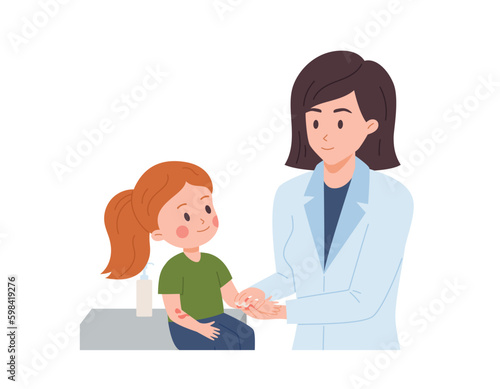 Smiling woman doctor smears atopic dermatitis red spots to child girl flat style