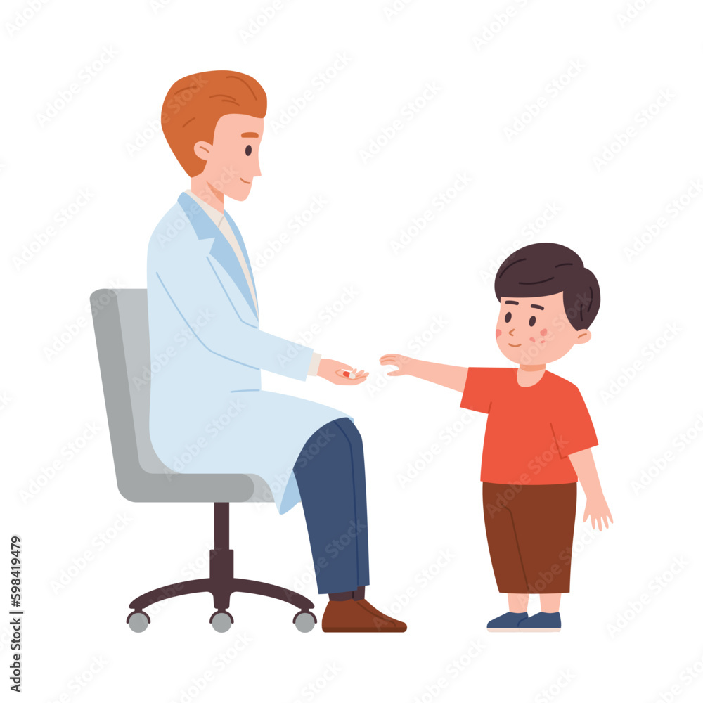 Child with atopic dermatitis or eczema at doctors appointment, vector isolated.