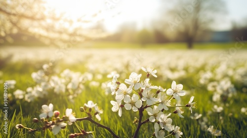 Green spring meadow on colorful background. White color background. Spring flowers. Green nature. Natural background. Spring, summer landscape.