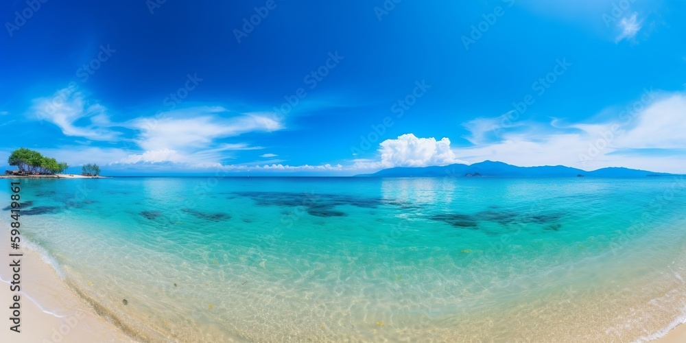 Fototapeta premium Beautiful tropical eaches and sea on blue background for wallpaper design. Travel background. Tropical beach.