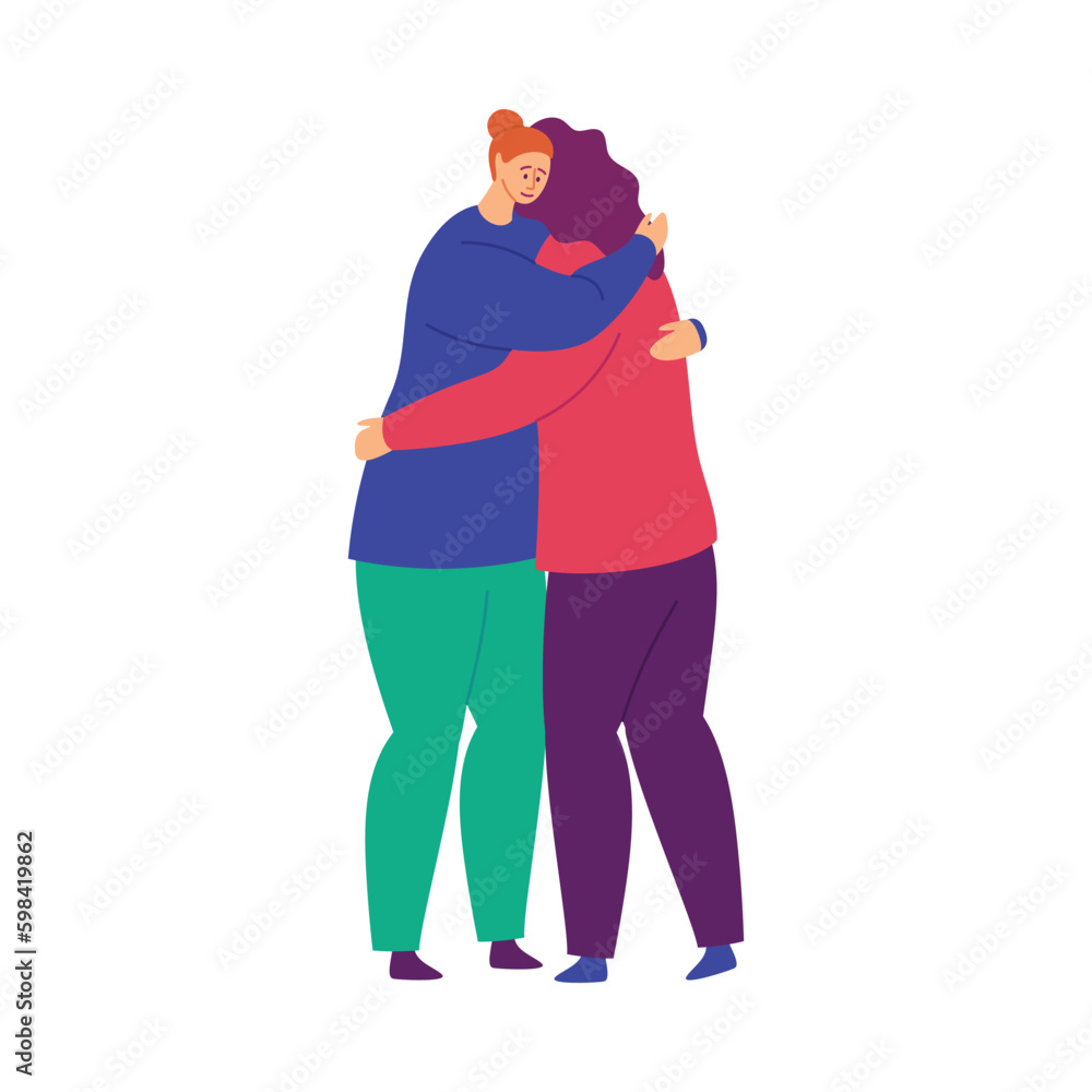 Cartoon Color Characters People Comforting Each Other Concept Flat Design Style. Vector illustration of Friend Comforts Girl
