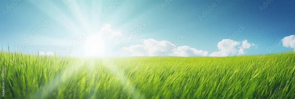 Green beautiful panoramic natural landscape of a green_field in beautiful style on white background. Summer vacation. Spring season. Natural background. Travel background. Natural beauty.