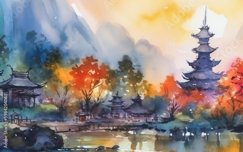 Chinese landscape with misty forest, distant mountains and fog. Traditional oriental watercolor painting.Generative ai.  © gala