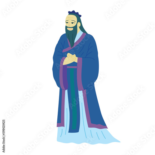 Cartoon Color Character Man Confucius East Asian Philosopher Concept on a Chinese Traditional Confucianism Flat Design Style. Vector illustration