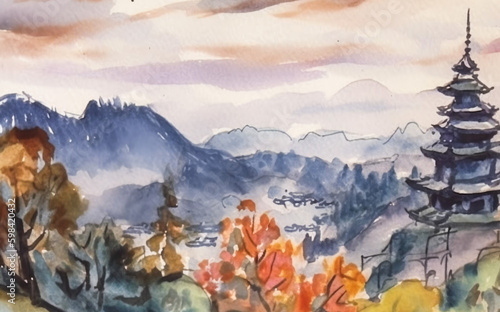 Chinese landscape with misty forest, distant mountains and fog. Traditional oriental watercolor painting.Generative ai. 