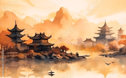 Chinese landscape with misty forest, distant mountains and fog. Traditional oriental watercolor painting.Generative ai. 
