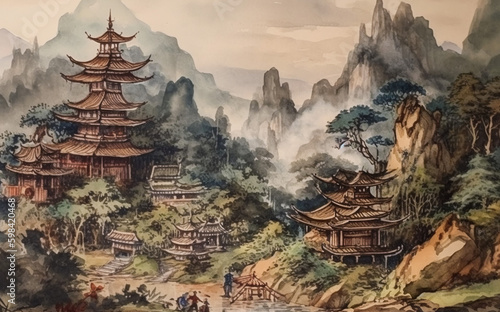 Chinese landscape with misty forest, distant mountains and fog. Traditional oriental watercolor painting.Generative ai. 