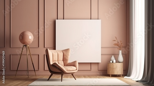 Picture frame mockup psd leaning in modern living room home decor interior. Generative Ai © hassanmim2021