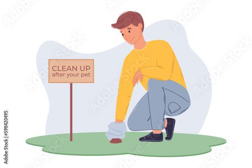 Clean Up After your Pet concept. Young Man Removing Dog Excrement from grass into a Plastic bag. Vector illustration in flat style.