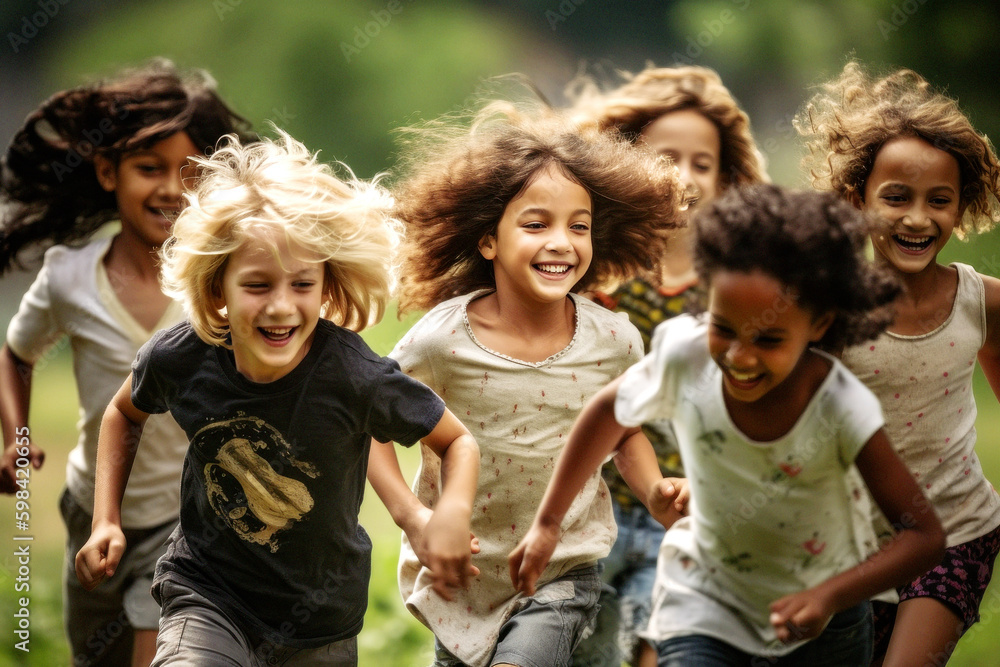 Fototapeta premium Giggles fill the air as a spirited group of kids from all backgrounds run and play together in the park, proving that friendship transcends race and color. Generative AI