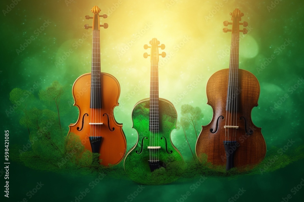A green violin on nature background, music festival day. Generative AI, Generative, AI