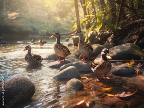 Group of Duck in natural habitat (generative AI) Fototapet