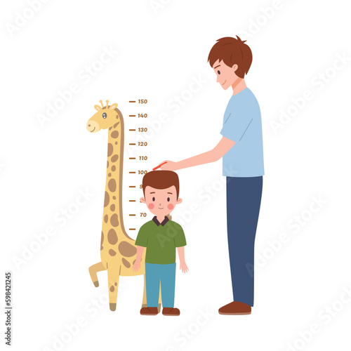 Father measuring height of his son, flat vector illustration isolated on white background.