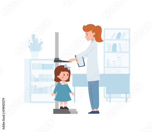 Doctor measuring kid girl's height with special tool flat style