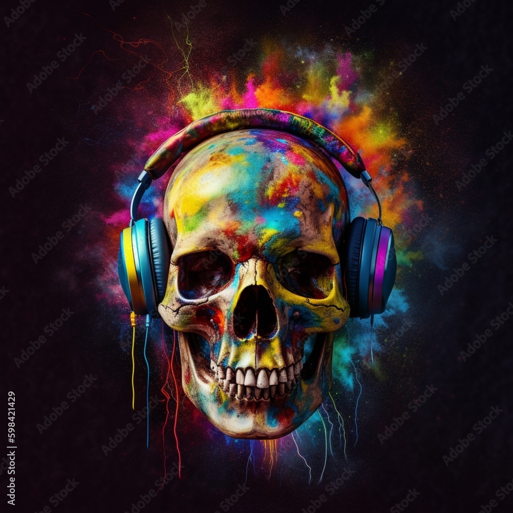 A skull wearing headphones  on colorful background, music festival day. Generative AI, Generative, AI