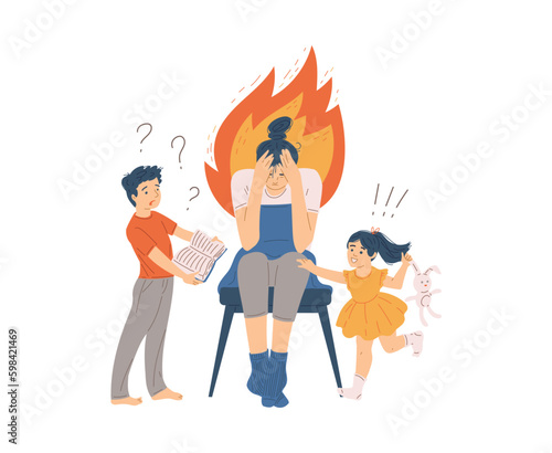 Exhausted sitting woman having burnout flat style, vector illustration