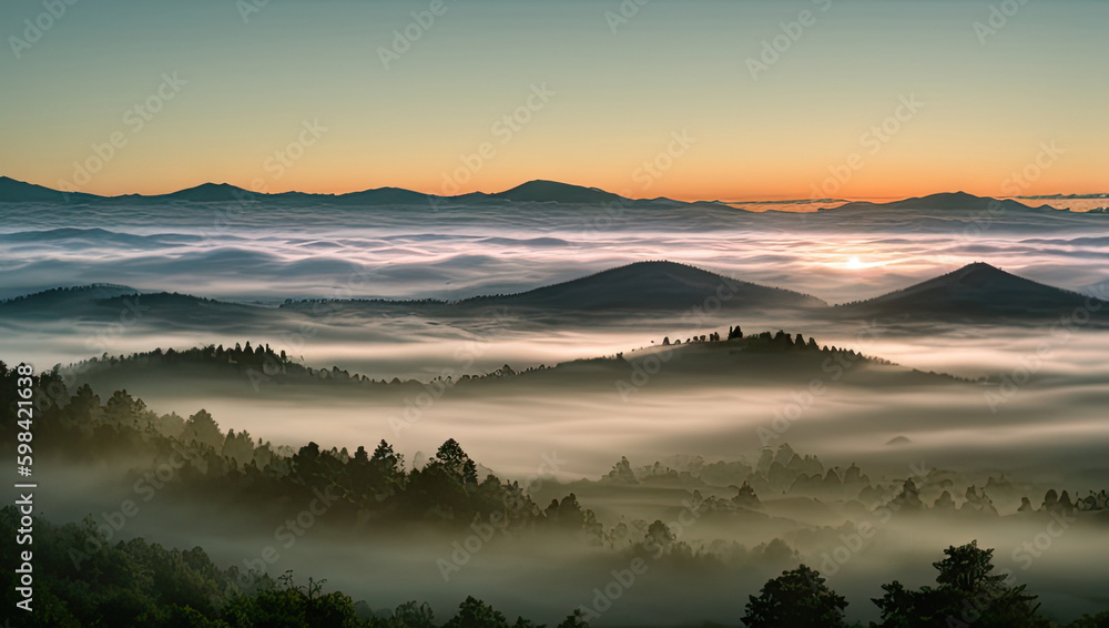 Fototapeta premium The Ethereal Misty Hilltop Landscape Generative AI