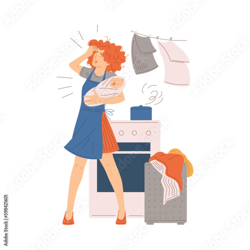 Housewife tired of housekeeping and child care flat vector illustration isolated.