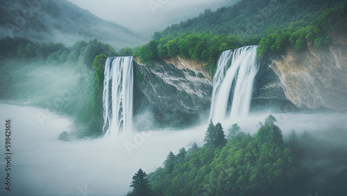 Magical Misty Waterfall Cascading Through the Rocks Generative AI