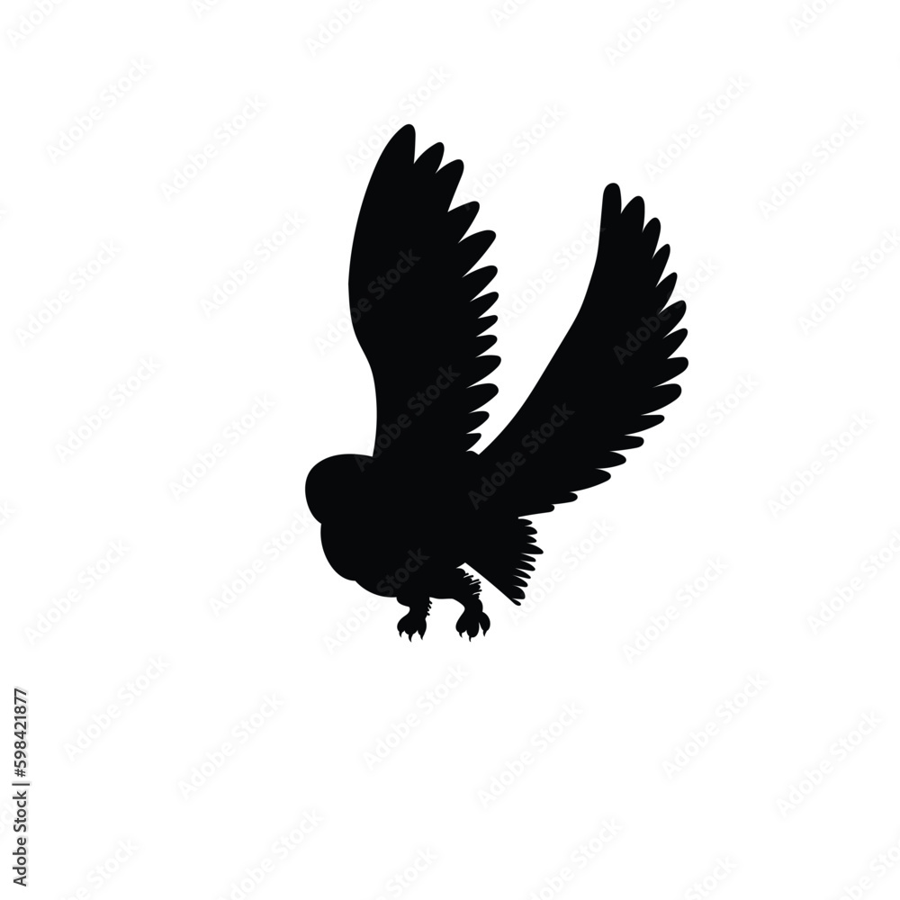 Fototapeta premium Snowy owl flying, black silhouette - flat vector illustration isolated on white background.