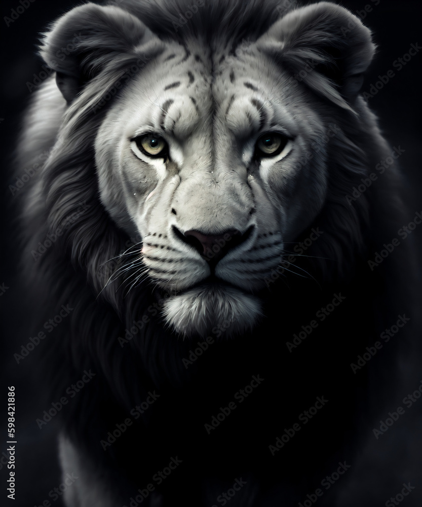 White lion with black background and dark details