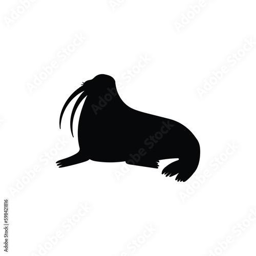 Silhouette of big walrus with tusks, black outline vector illustration isolated.