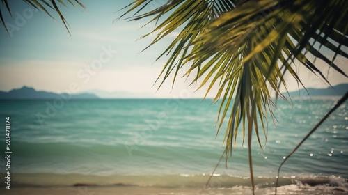 Tropical summer seascape with palm leaves  beach and paradise ocean. Vacation and travel backdrop. Generative AI