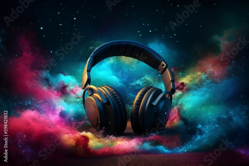 A headphones on colorful background, music festival day. Generative AI, Generative, AI