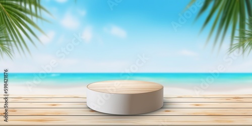 Beach product background with wooden counter  great design for any purposes. Tropical beach. Kitchen island. Product display. Counter top. Top view.