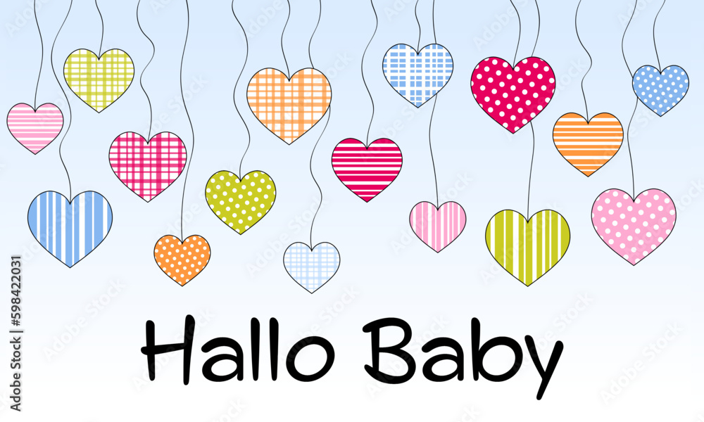 Hallo Baby. Schriftzug in deutscher Sprache. Grußkarte zur Geburt mit einem Himmel voller pastellfarbener Herzen. Hallo Baby. Schriftzug in deutscher Sprache. Grußkarte zur Geburt mit einem Himmel voller pastellfarbener Herzen.