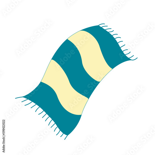 Beach towel in blue and yellow stripes with fringes. Summer beach accessory in flat design