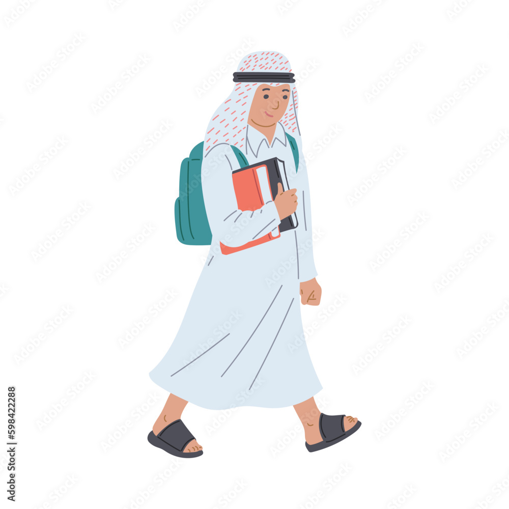 Arabic Muslim school boy cartoon character, flat vector illustration isolated.