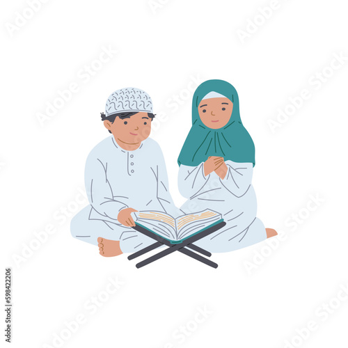 Arabic children reading Noble Quran together, flat vector illustration isolated.