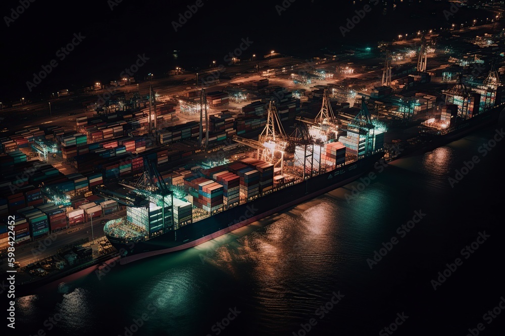 illustration, aerial view of a container ship ,generative ai