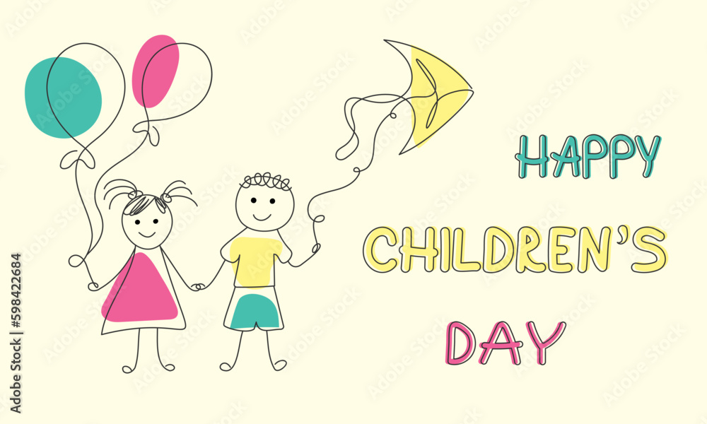 Funny Doodle Children's day background. Hand drawn boy and girl with kite and balloons. Happy childhood concept. Hand lettering text Funny Doodle Children's day background. Hand drawn boy and girl with kite and balloons. Happy childhood concept. Hand lettering text