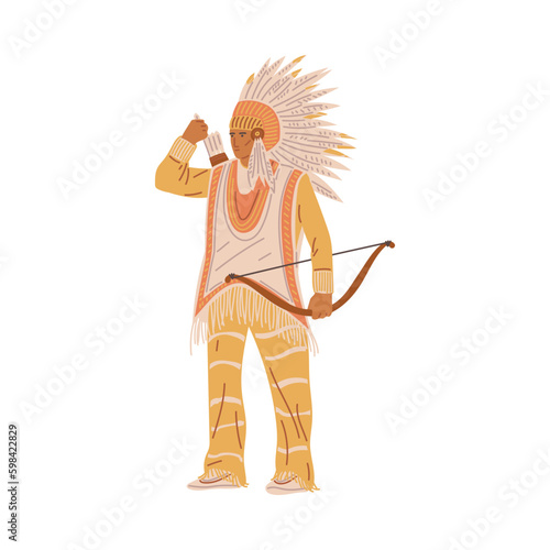 Standing American Indian man takes arrow from quiver behind back flat style