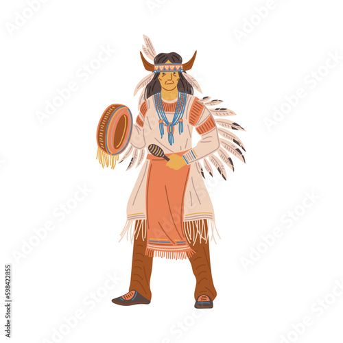 Old man in traditional American Indian cloth and accessories playing drum - flat vector illustration isolated on white.