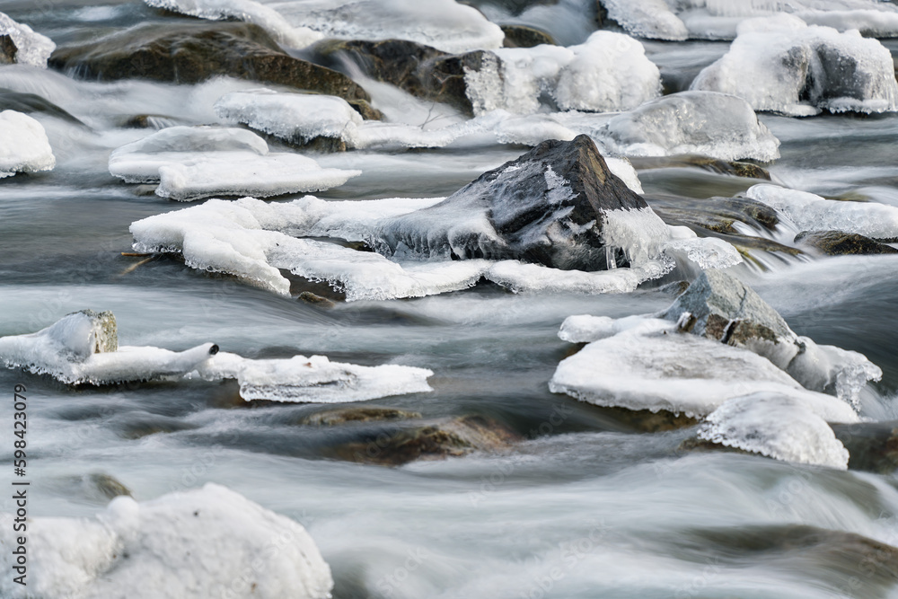 Winter river flowing over snow and ice covered stones, closeup detail, long exposure photo Winter river flowing over snow and ice covered stones, closeup detail, long exposure photo