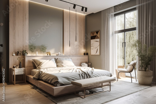  Cute modern bedroom  boho design interior style. Beige light colors. Super photo realistic background  generative ai