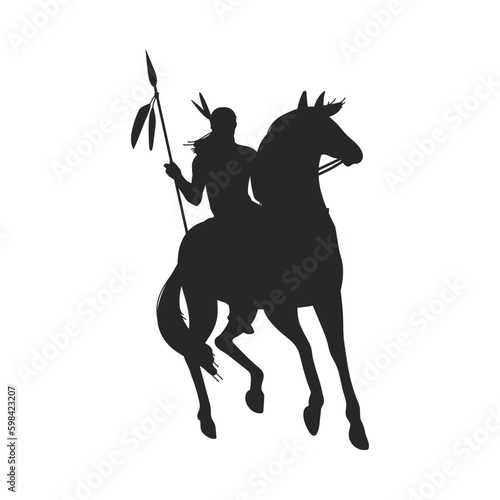Black silhouette of American Indian holding spear on horseback flat style