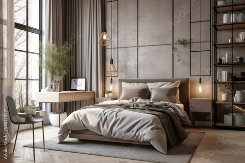  Cute modern bedroom  boho design interior style. Beige light colors. Super photo realistic background  generative ai