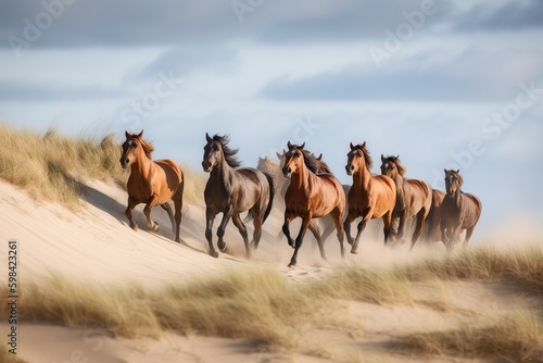 illustration  a flock of horses runs through the dunes  ai generative