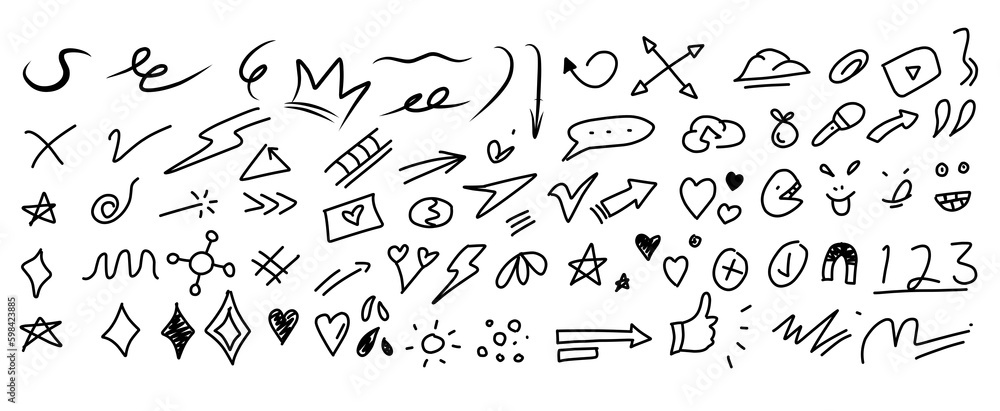 Obraz premium 1. Set of doodle icons and pattern elements. Digital illustration by hand